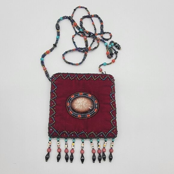 Red 100% Silk Bag Velvet Beaded Trim Small Evening Fancy Beaded Colorful‎ Boho - Picture 1 of 11